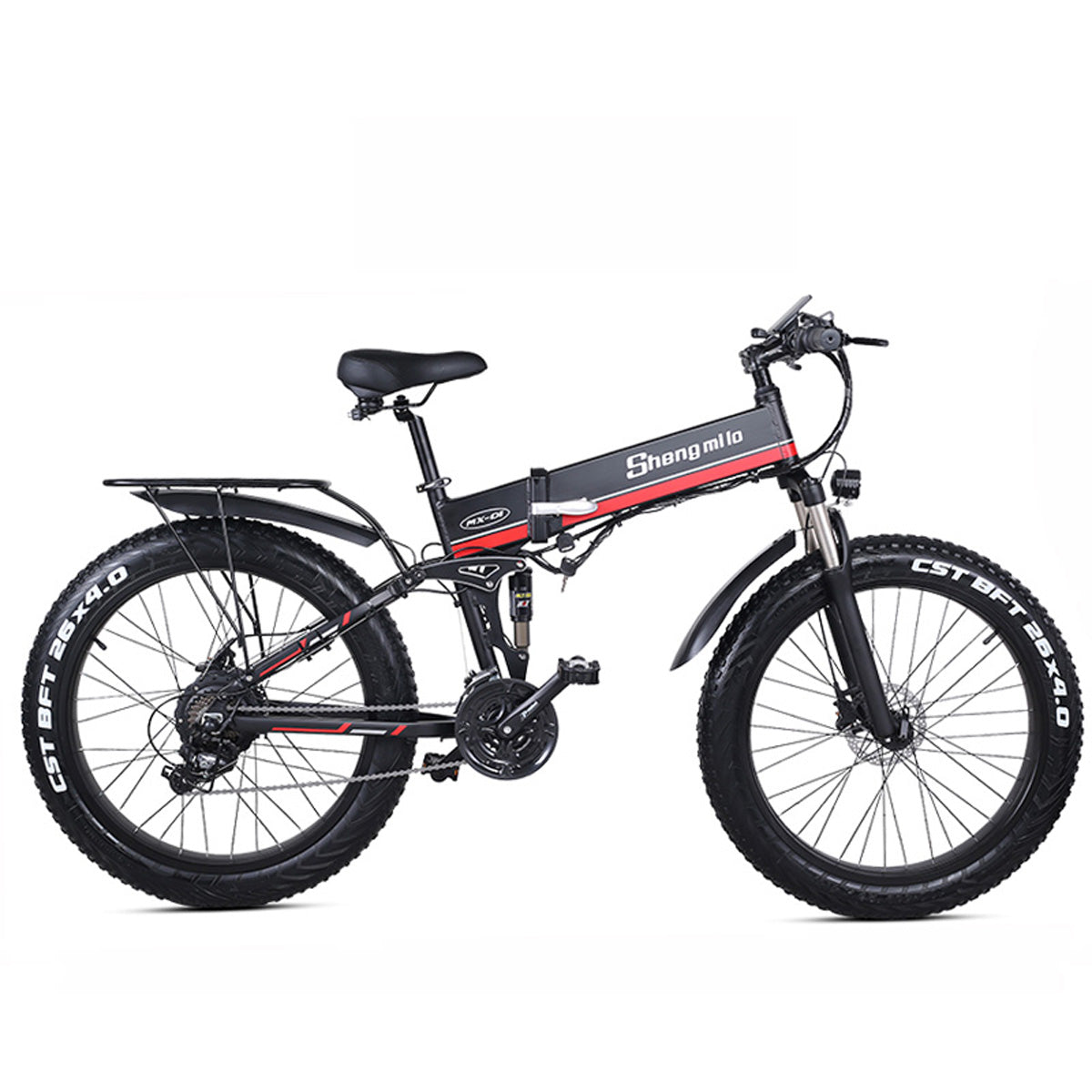 MX01 26-дюймовый складной электрический велосипед, 48V 1000W Мощный мотор, Гора Велосипедный бак, 5-уровневый педальный ассист снежный велосипед