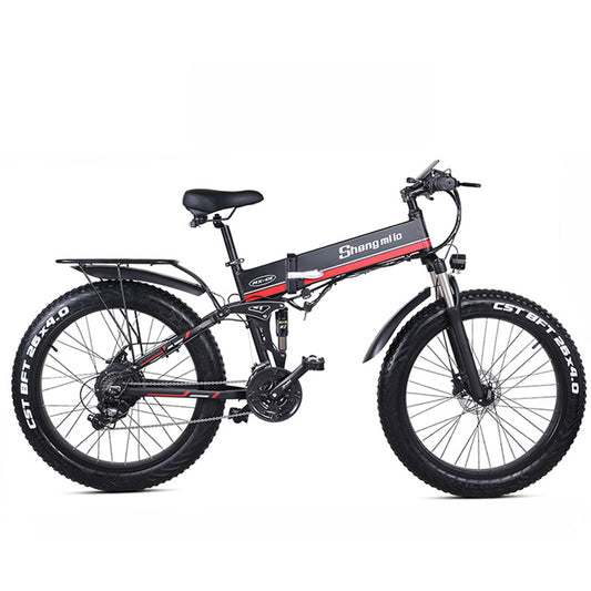 MX01 26-дюймовый складной электрический велосипед, 48V 1000W Мощный мотор, Гора Велосипедный бак, 5-уровневый педальный ассист снежный велосипед