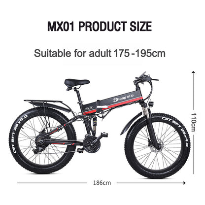 MX01 26-дюймовый складной электрический велосипед, 48V 1000W Мощный мотор, Гора Велосипедный бак, 5-уровневый педальный ассист снежный велосипед