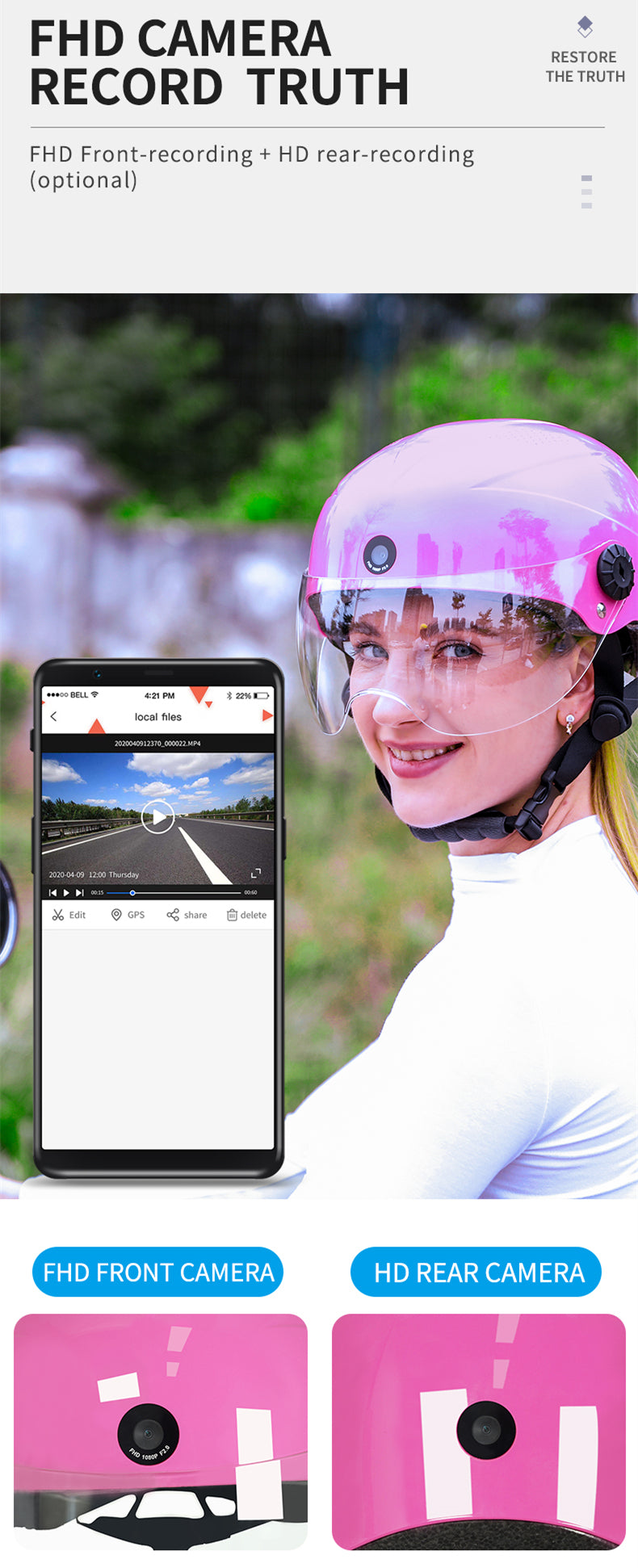 AI Smart Helmet с камерой Front & Rear HD, Bluetooth Calling и WIFI, Support Phone APP Live Check, Сохранить и делиться